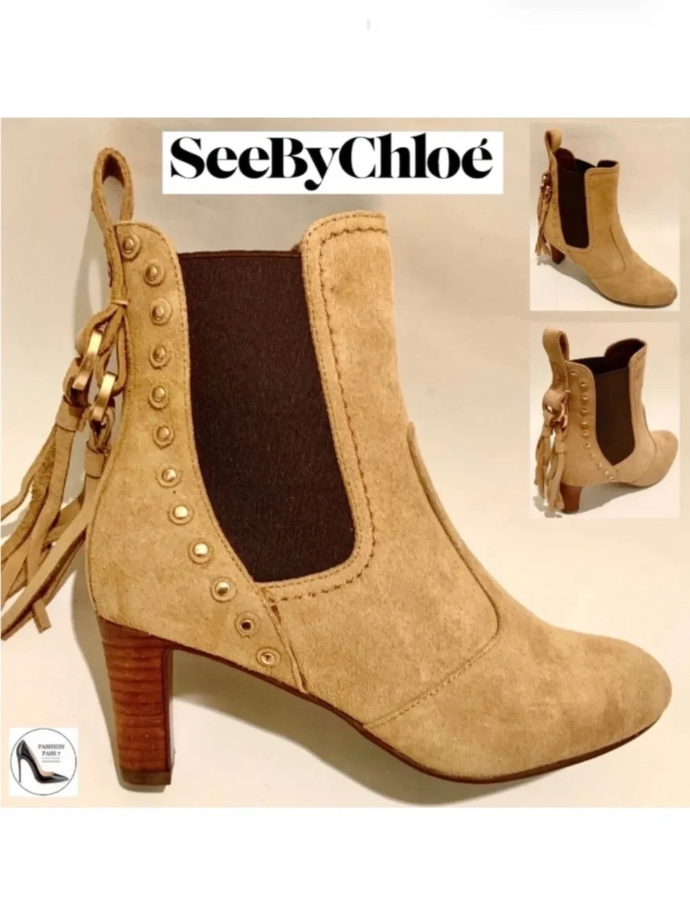 See by Chloé Beige Tan Suede Tasseled Studded Chelsea Ankle Boots Boho Booties